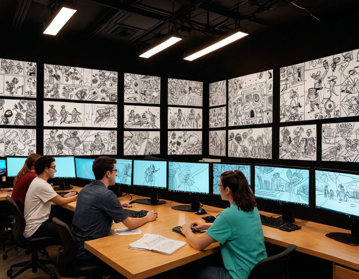 A lively scene depicting a captivating animation studio with various animated characters in different stages of production, showcasing vibrant storyboards and colorful sketches on walls. Include diverse animators collaborating over a digital tablet, and a large monitor displaying a dynamic animated scene. The atmosphere is filled with creativity and energy, emphasizing visual storytelling in animation. cartoonish style. bright colors. 3D.
