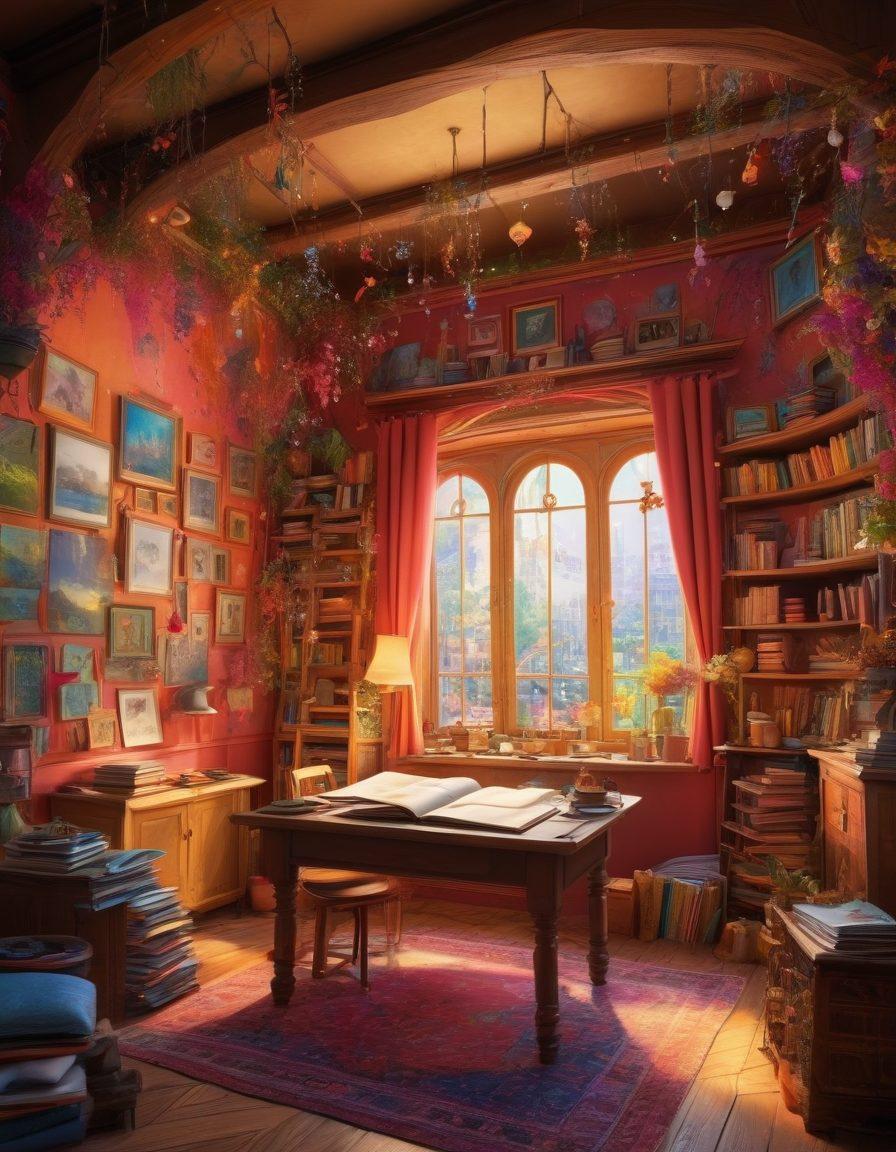 A whimsical scene depicting a vibrant animation studio filled with colorful sketches and animated characters coming to life, a magical workspace brimming with creativity and tools of animation. Include whimsical fairytale elements like floating paintbrushes, glowing drafts, and a large magical book of stories. The background should be bright and lively, symbolizing the magic of animation. super-realistic. vibrant colors. 3D.